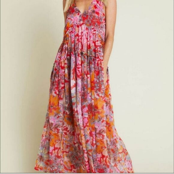 Free People Julianna Maxi Dress Ruffled Tiers V Neck Floral Print Cherry Small - Picture 13 of 13